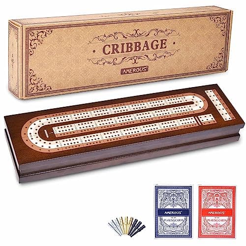 AMEROUS Wooden Cribbage Board Game Set with Magnetic Lock - Metal Pegs - 2 Playing Cards - Continuous 3 Track Board - Larger Storage Area, Travel Portable Cribbage Game Sets for Family - Image 1