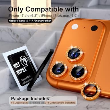 Choiche Compatible for iPhone 17 Pro/iPhone 17 Pro Max Camera Lens Protector Bling, 9H Tempered Glass Camera Cover Screen Protector Metal Ring Decoration Accessories (Glitter-Orange) - Image 2