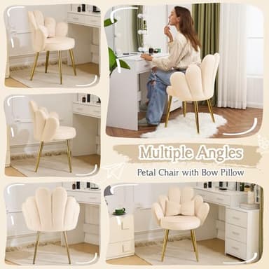 VINGLI Petal Makeup Vanity Chair with Back,Flower Cute Girls Desk Chair Comfy No Wheels,Modern Dining Chair,Small Accent Chair with Adustable Gold Legs&Bow Pillow for Home Office,Bedroom,Velvet,Beige - Image 5