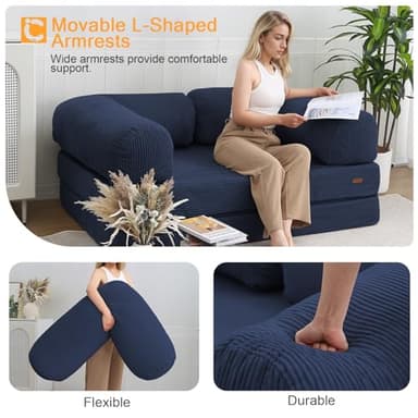 COMAX Futon Sofa Bed, 4-in-1 Floor Foldable Sofa Couch Bed Queen with L-Shaped Armrests, Convertible Folding Chair Bed Sleeper Mattress Fold Out Comfy Lounge for Living Room Bedroom, Dark Navy Blue - Image 6