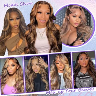 Honey Blonde Ombre Lace Front Wig Human Hair Highlight Body Wave 13X6 Lace Front Wigs Human Hair Pre Plucked HD Frontal 180 Density Glueless 4/27 Highlighted Human Hair Wig 26 Inch - Image 6