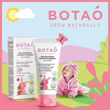 BOTAO Fluoride Free Baby Toothpaste | Strawberry Flavored - Organic Training Natural Toddler Toothpaste for Toddlers | EWG Verified, Vegan, SLS Free, Safe to Swallow, Aloe Vera -1.7Oz - Image 2