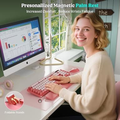 Wireless Keyboard and Mouse Combo, Blush Pink for Aesthetic Desk, Magnetic Wrist Rest, Full-Size Retro Typewriter Keyboard with Round Keycaps, Sleep Mode, 2.4GHz Cordless for Mac/Windows/PC, Trueque - Image 3