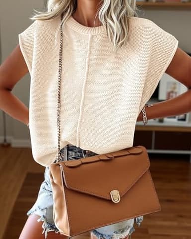 Saodimallsu Womens Tank Tops Summer Causal Loose Fit Cap Sleeve Crew Neck Knit Lightweight Sweater Pullover Top Apricot - Image 3