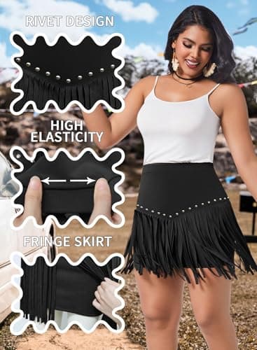 Women Plus Size Fringe Cowgirl Mini Skirt - Western Country Concert Rodeo Outfit High Waisted Tassel Boho Bottoms(Black,4XL,11163Pa) - Image 3