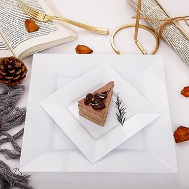 Liacere 100PCS White Square Plastic Plates - 50PCS Heavy Duty 9.5inch White Dinner Plates and 50PCS 6inch White Dessert Plates - Durable Fancy White Disposable Plates for Party & Wedding - Image 4
