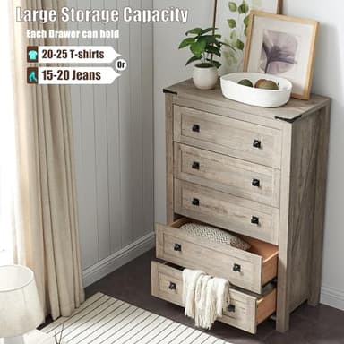 T4TREAM Farmhouse 5 Drawers Dresser Chests for Bedroom, Wood Rustic Tall Chset of Drawers,Dressers Organizer for Bedroom, Living Room,Hallway, Light Rustic Oak - Image 3