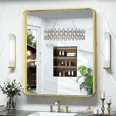 TokeShimi 32x36 Inch Gold Bathroom Mirror for Wall Metal Rounded Corner Rectangle Mirror Metal Frame Deep Set Design Hangs Horizontal Or Vertical - Image 1
