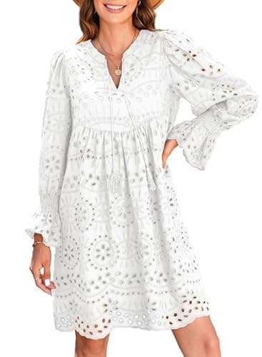Dokotoo Eyelet Dresses for Women 2025 Tassel V Neck Cotton Midi Dress Long Sleeve A Line Hollow Out White Lace Dress Fashion Elegant White Sun Dress XX-Large - Image 1