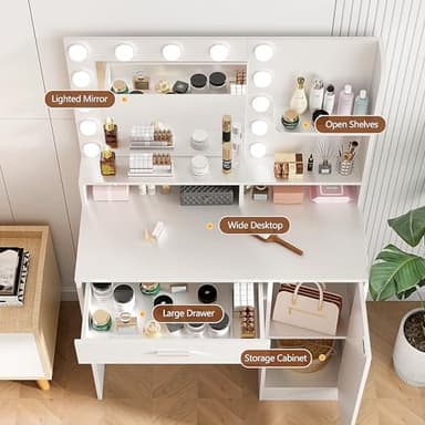 Vanity Desk with Mirror & Lights, White Makeup Desk with Drawers & Cabinet, 3 Lighting Modes & 10 Brightness, Vanity for Bedroom & Dressing Room - Image 5
