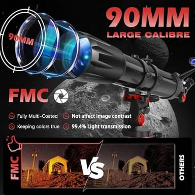 Telescope,Telescope for Adults High Powered, 90mm Aperture 900mm Professional Refractor Telescopes for Kids & Beginners, Magnification 450X,for Planet Observation with Stainless Tripod & Phone Adapter - Image 2