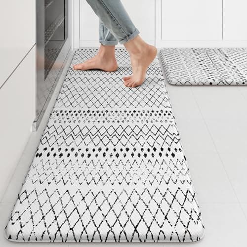 KIMODE Kitchen Mats 2PCS,Cushioned Anti Fatigue Kitchen Rugs and Mats,Non Skid Waterproof Kitchen Mats for Floor,Comfort Foam Standing Mat for Home, Office,Sink,Laundry,Desk,Black and White - Image 1