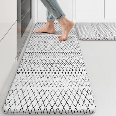 KIMODE Kitchen Mats 2PCS,Cushioned Anti Fatigue Kitchen Rugs and Mats,Non Skid Waterproof Kitchen Mats for Floor,Comfort Foam Standing Mat for Home, Office,Sink,Laundry,Desk,Black and White - Image 1