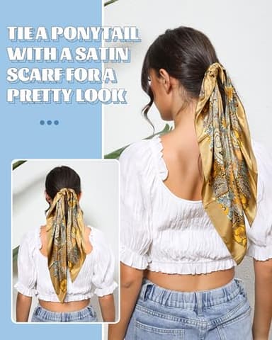 AWAYTR 35” Large Square Satin Head Scarf - 3Pcs Satin Hair Scarves Silk Feeling Bandana Headscarf for Women (Cashew(Camel/Black/Beige)) - Image 7