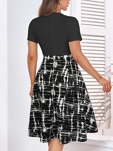 YATHON Church Dresses for Women 2024 Casual Plus Swing Patchwork Teacher Formal Dresses for Women Wedding Guest with Sleeves(YT228-Black Geome P1,XL) - Image 2