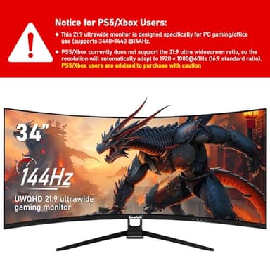 Gawfolk 34 Inch Ultrawide Curved 144Hz Gaming Computer Monitor 1500R PC Screen 21:9 UWQHD (3440x1440),Adaptive Sync,178° Viewing Angle,Display Port、HDMI2.0,Compatible with Wall mounting - Black - Image 2