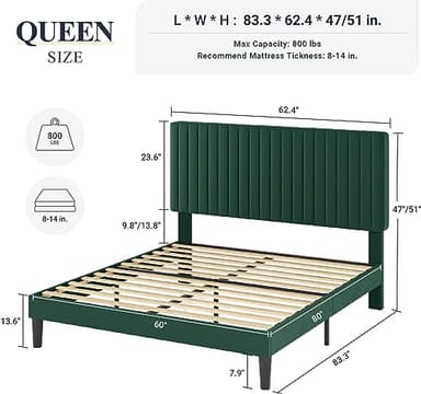 Allewie Queen Bed Frame, Velvet Upholstered Platform Bed with Adjustable Vertical Channel Tufted Headboard, Mattress Foundation with Strong Wooden Slats, Box Spring Optional, Easy Assembly, Green - Image 2