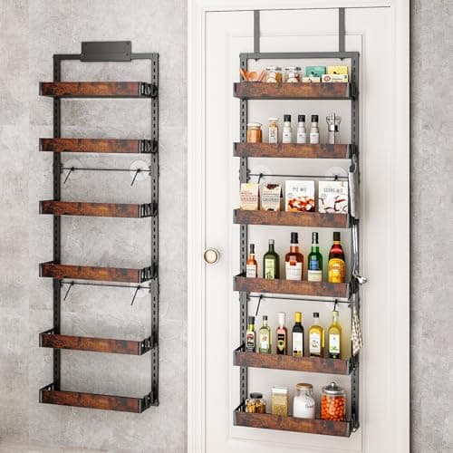 bukfen Over the Door Pantry Organizer, 6-Tier Adjustable Wooden Basket Kitchen Pantry Door Organization and Storage, Heavy-Duty Metal Hanging Kitchen Spice Rack,D6.3 x W17.71 x H50.60 inch,1 Pack - Image 1