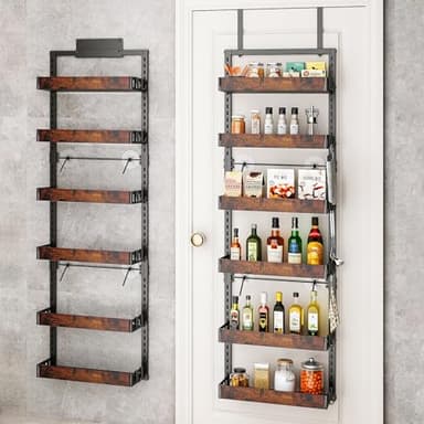 bukfen Over the Door Pantry Organizer, 6-Tier Adjustable Wooden Basket Kitchen Pantry Door Organization and Storage, Heavy-Duty Metal Hanging Kitchen Spice Rack,D6.3 x W17.71 x H50.60 inch,1 Pack - Image 1