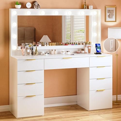 ALEXNUTRE Vanity Desk with Large Mirror and Lights, 45.3in Makeup Vanity with Power Outlet 9 Drawers & Storage, 3 Lighting Color Adjustable, White Vanity Desk for Bedroom - Image 1