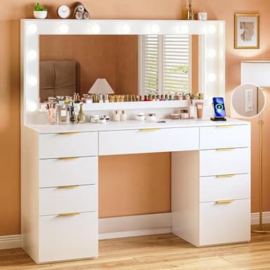 ALEXNUTRE Vanity Desk with Large Mirror and Lights, 45.3in Makeup Vanity with Power Outlet 9 Drawers & Storage, 3 Lighting Color Adjustable, White Vanity Desk for Bedroom - Image 1