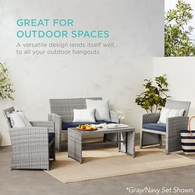 Best Choice Products 4-Piece Outdoor Wicker Patio Conversation Furniture Set for Backyard w/Coffee Table, Seat Cushions - Brown/Stone Gray - Image 6