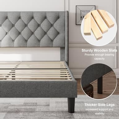 Feonase King Size Bed Frame with Wingback Tufted Headboard, Upholstered Platform Bed Frame with Heavy Duty Wooden Slats Support, Noise-Free, No Box Spring Needed, Easy Assembly, Light Grey - Image 5