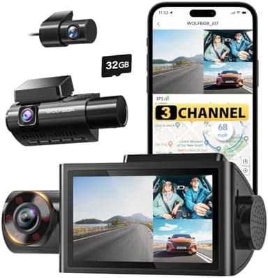 WOLFBOX i07 3 Channel Dash Cam Built-in WiFi GPS, 4K Dash Camera Front and Inside, 1440P+1080P+1080P Triple Car Camera with 3" LCD Screen, 32GB Card Included, IR Night Vision, 24H Parking Mode - Image 3
