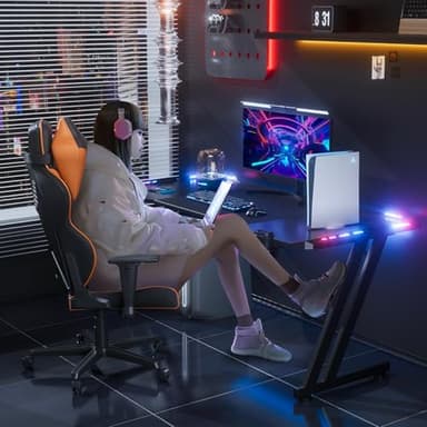 HLDIRECT 63 Inch Gaming Desk with LED Lights Carbon Fibre Surface Gaming Table Large Computer Desk Ergonomic Home Office Desks Z Shaped PC Gamer Workstations with Cup Holder & Headphone Hook Black - Image 2