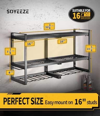 SOYEEZE Power Tool Organizer & Storage Wall Mount - Heavy Duty Metal 8 Drill Holder, 3 Layer Premium Garage Utility Power Tool Rack &Tool Shelf,Great as Gifts for Men Father's Day-Large-Black - Image 4