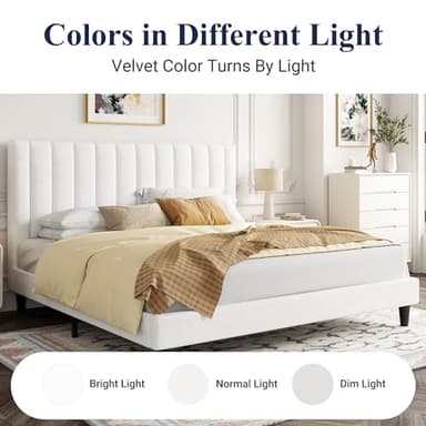 Allewie King Bed Frame/Velvet Upholstered Bed Frame with Vertical Channel Tufted Headboard/Strong Wooden Slats/Platform Bed Frame/Mattress Foundation/Box Spring Optional/Easy Assembly/White - Image 8