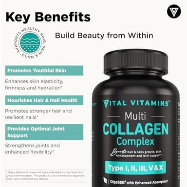 Vital Vitamins Multi Collagen for Women & Men - Type I, II, III, V, X - Grass Fed, Non-GMO - 150 Capsules - Image 3