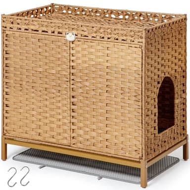SETVSON Cat Litter Box Enclosure Furniture, Hidden Handwoven Rattan Litter Box with Mat, Large Cat House with Metal Heightened Feet, 30.3 x 18.3 x 28 Inches, Indoor for Living Room, Bedroom Natural - Image 1
