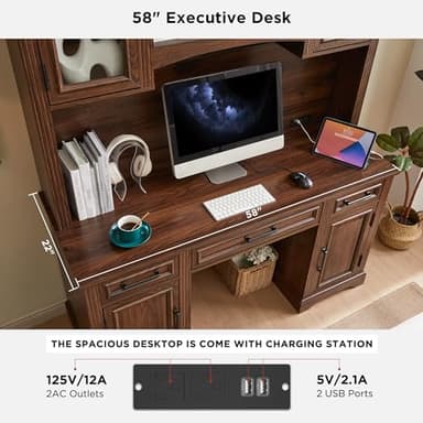 JXQTLINGMU Farmhouse 76" Height Computer Desk with Hutch, Office Desk with Charging Station, Drawers and Storage Cabinet, Workstation for Office Home, Brown - Image 3