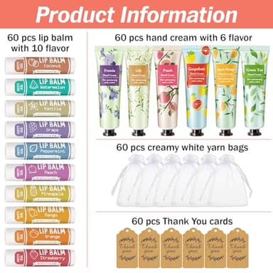 AZEN 60 Sets Bulk Gifts, Hand Cream and Lip Balm Bulk Set with Organza Bag Thank You Card, Baby Shower Wedding Gifts for Guests, Bridal Wedding Favors for Guests,Thank You Gifts for Women - Image 2