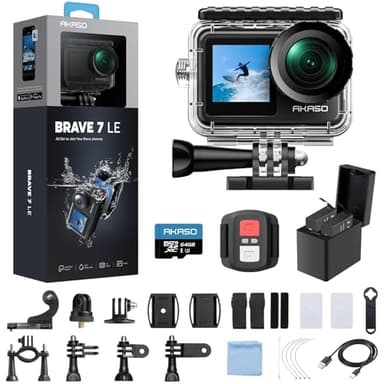 AKASO Brave 7 LE 4K30fps Action Camera with 64GB MicroSDXC U3 Memory Card Accessories Kit Bundle Ultra HD 131FT Waterproof Camera EIS 2.0 WiFi Remote Control Zoom Underwater Camera - Image 1