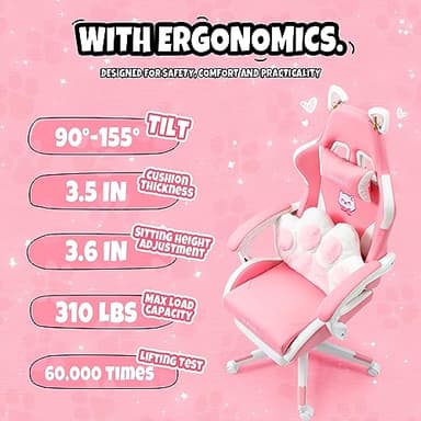 Vigosit Cat Ears PU Leather Gaming Chair Ergonomic Adjustable Office Desk Computer Chairs for Gamers Adults Kids 360 Degree Swivel Recliner 45in Height, Pink - Image 6