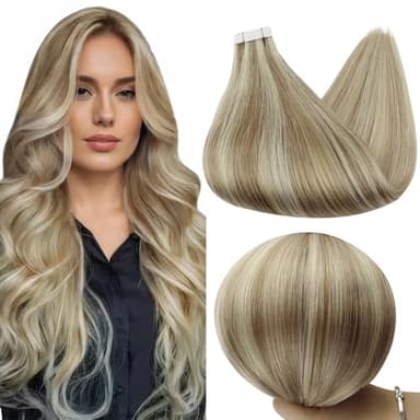 Full Shine Tape in Hair Extensions Color 16/22 Golden Blonde And Medium Blonde Seamless Tape in Hair Extensions Human Hair 22 Inch Highlighted Remy Hair Extensions Tape in 50Gram 20Pcs for Wedding - Image 1