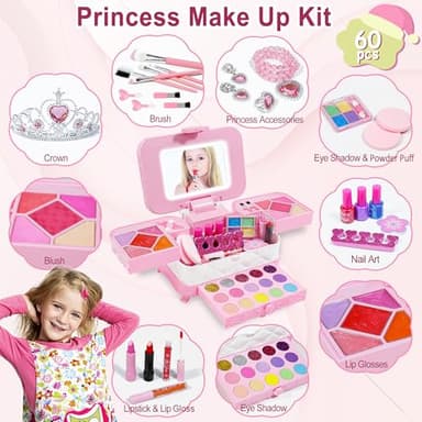 YasinKidz 60 in 1 Kids Makeup Kit, with 3-Color Led Makeup Mirror Real Washable Kids Makeup Sets for Girls 5-8, Perfect Girl Birthday Gift, Age 3+ - Image 3