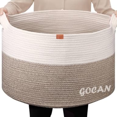 GOCAN Extra Large Laundry Basket toy storage 22"X22"X14" blanket basket Cotton Rope Woven Baskets with Handles for Living Room (Brown/Beige) XXXL - Image 1