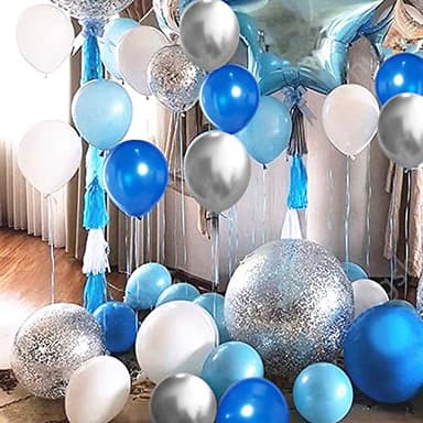 OuMuaMua 62pcs Blue Silver White Confetti Balloons Kit, 12 Inch White Royal Blue Metallic Silver Confetti Balloons for Boy Birthday Baby Shower Graduation Party Supplies - Image 3