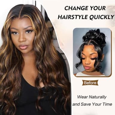Mayouda Long V Part Body Wavy Wig With Black With Highlight Brown Upgrade U Part Synthetic Water Wavy Wigs for Black Women Full Head Clip In Hair Glueless Synthetic Wigs (Black Mix Brown) - Image 3