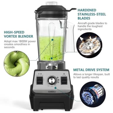 OMMO Blender 1800W, Professional High Speed Countertop Blender with Stainless Steel Blades, 60oz BPA Free Jar for Shakes and Smoothies, Ice and Fruits, Dishwasher Safe - Image 4