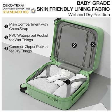 mixi 14 Inch Underseat Luggage Carry on Suitcase Free Boarding Personal Item Suitcases with Spinner Wheels Hardshell Lightweight PC for Short Travel, Avocado Green - Image 6