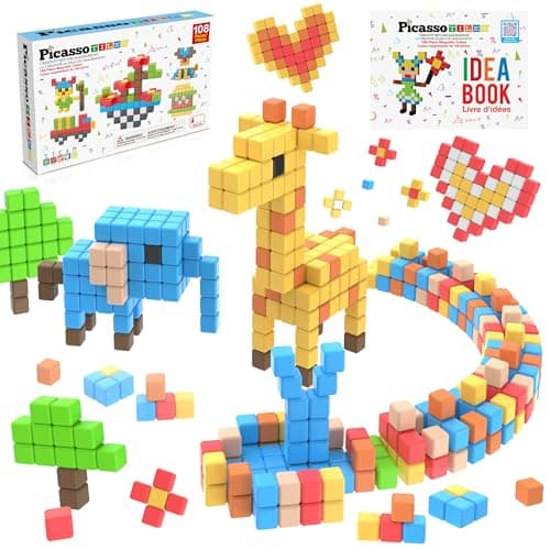 PicassoTiles 108pcs 1” Magnetic Puzzle Cubes Magnet Toys Preschool Construction Building Block Set Sensory Toy Early Education STEM Learning Come with Ideabook for Children Age 3+ Boy Girl PMC108 - Image 1