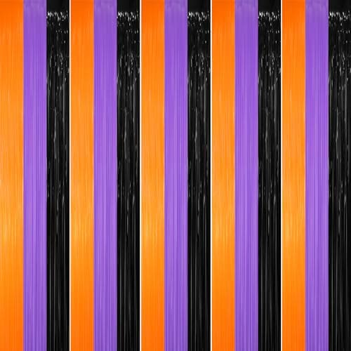 GOER 3.2 ft x 8.2 ft Metallic Tinsel Foil Fringe Party Backdrop for Halloween Birthday Graduation New Year's Party Decorations(5 Packs,Black&Orange&Purple) - Image 1