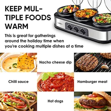 Sunvivi Slow Cooker, Triple Slow Cooker Buffet Server and Food Warmer, 3-Section 1.5-Quart Upgraded Oval Ceramic Pot with Stainless Steel Lid Rests, 3 Spoons, Total 4.5 QT - Image 2