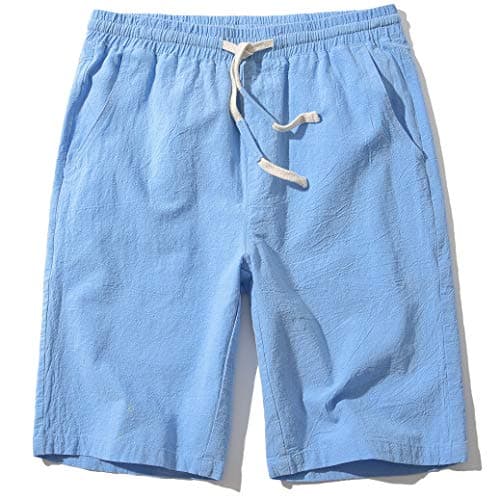 SIR7 Men's Linen Casual Classic Fit 11 Inch Inseam Elastic Waist Shorts with Drawstring Blue Medium - Image 1