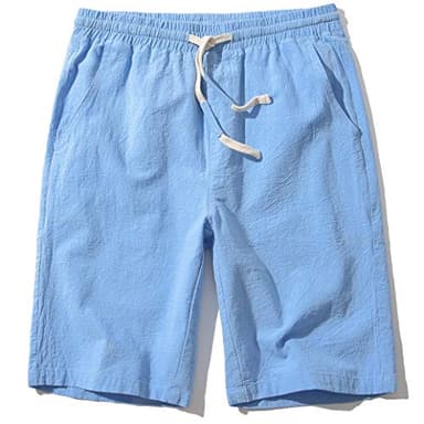 SIR7 Men's Linen Casual Classic Fit 11 Inch Inseam Elastic Waist Shorts with Drawstring Blue Medium - Image 1