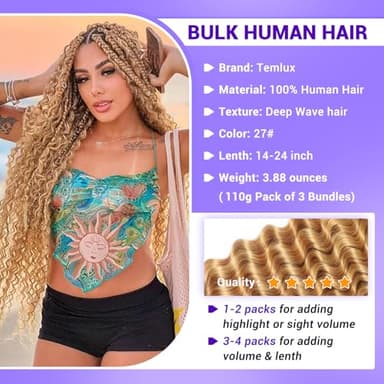 Human Braiding Hair for Boho Braids 110g Deep Wave Boho Bulk Human Hair for Braiding Knotless 12A Wet - Image 7